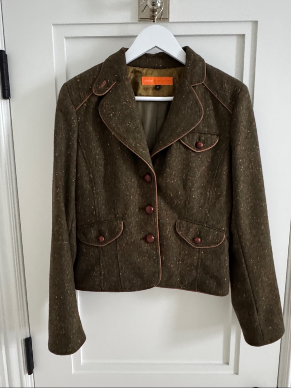 CYNTHIA STEFFE! Olive Tweed Blazer w/Tan Leather Trim! 100% Wool, Lined. Size 8.